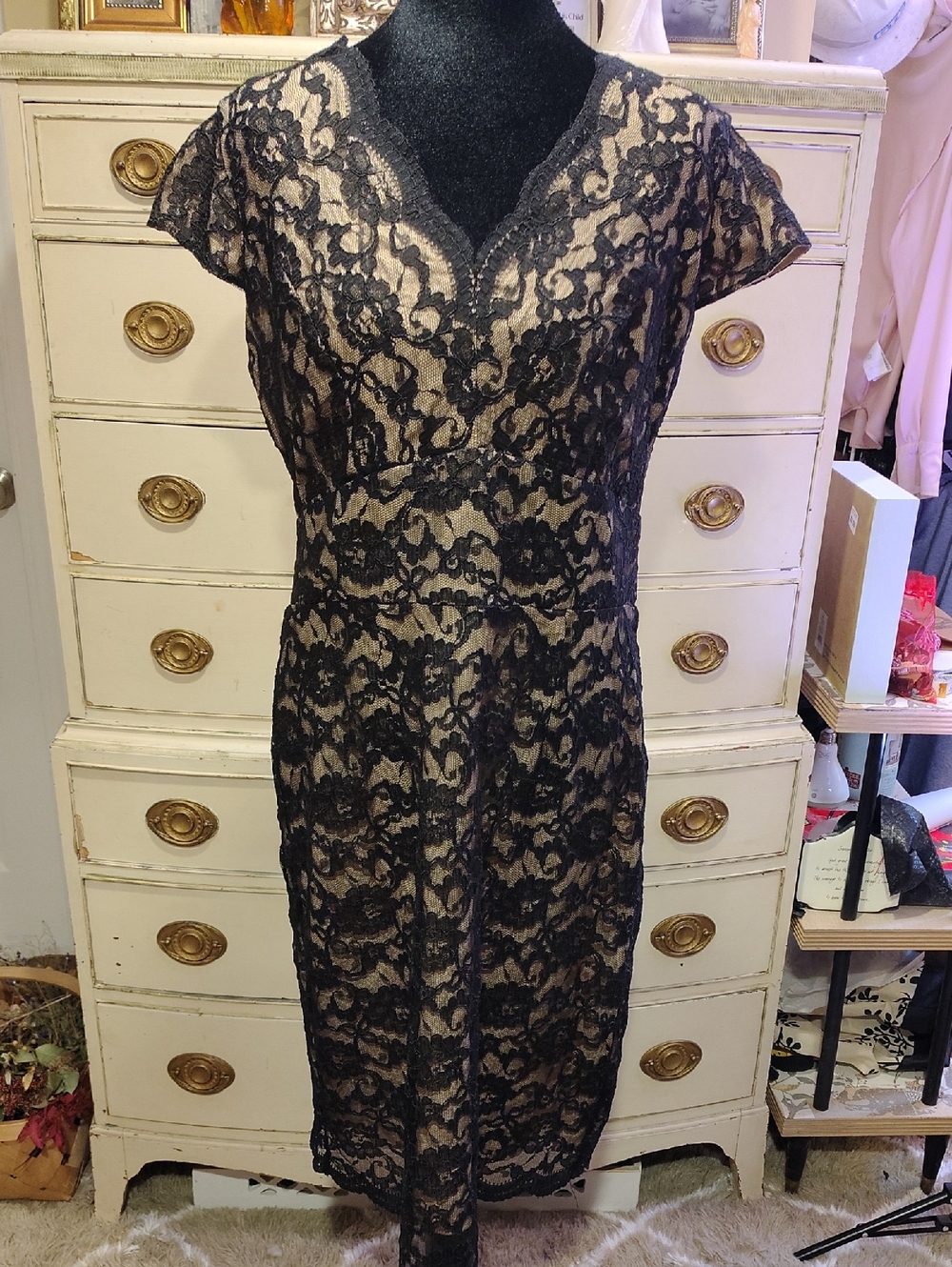 Black Lace Overlay Sheath Dress with Nude Lining